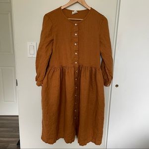 Beaton Linen Rust Long-sleeve Gather Dress - Size L